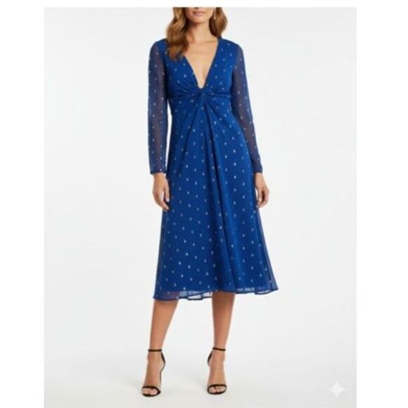 NWT NSR Royal Blue Metallic Dot Plunging V-Neck Midi Dress Sz S Cocktail Holiday - Picture 1 of 13
